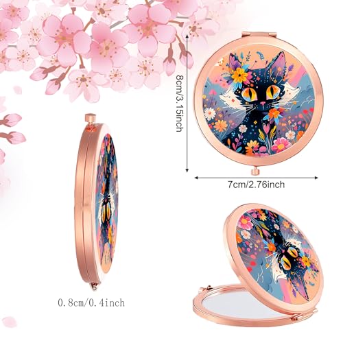LONNAONE Rosegolden Flower Cat Compact Mirror for Women, Mini Folding Travel Mirror