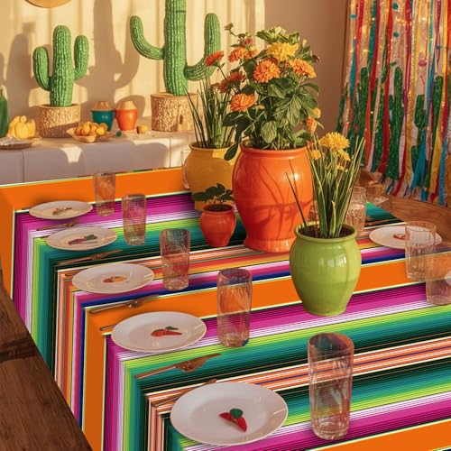 Mexican Fiesta Tablecloths - 3 Pack Disposable Striped Table Covers, 108x54 Inch