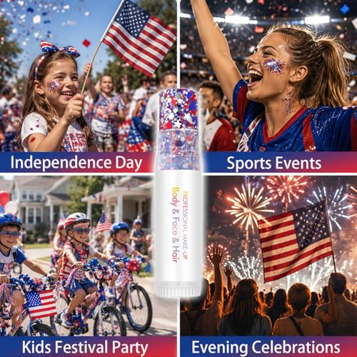 4th of July Body Glitter Stick (2PCS), Red White Blue Hair Glitter Stick, 250 Anniversary USA Merchandise, American Flag Makeup for Independence Day 250 Anniversary, Waterproof Face Glitter for Women