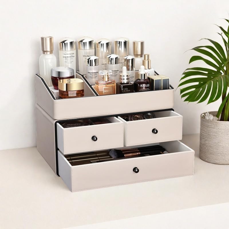 Leather Makeup Organizer - 3 Drawer 2 Tier Cosmetic Storage for Vanity & Bathroom | Beige
