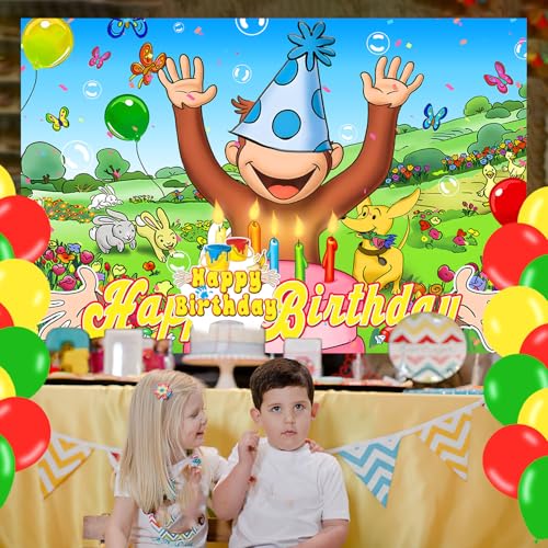 Cartoon Monkey Birthday Backdrop Banner - 59x35.4 inches Kids Party Decor