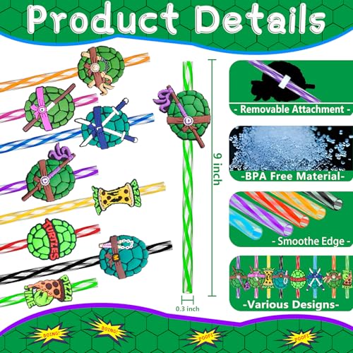 24 Reusable Green Turtle Drinking Straws Set for Kids Parties