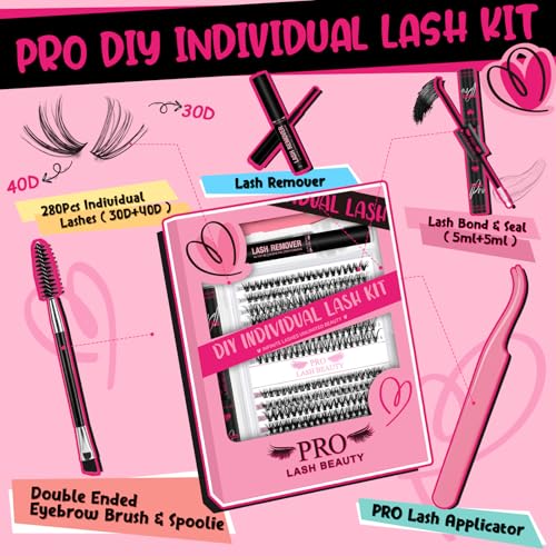 PRO LASHBEAUTY DIY Lash Extension Kit 30D+40D D Curl 280 Pcs with Bond Seal & Remover