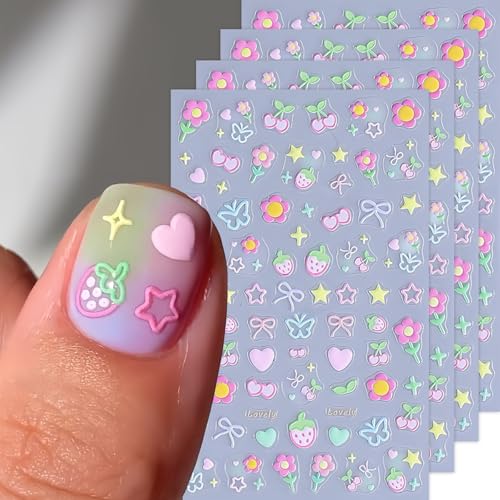 4Pcs 3D Flower Nail Art Stickers - Cherry & Strawberry Design