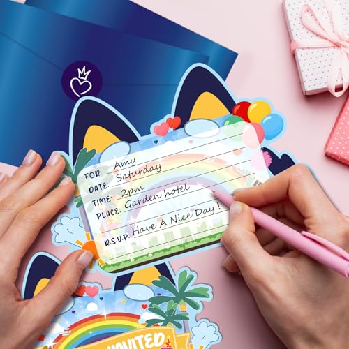 Blue Dog Birthday Invitations - 20 Cartoon Cards with Envelopes & Stickers