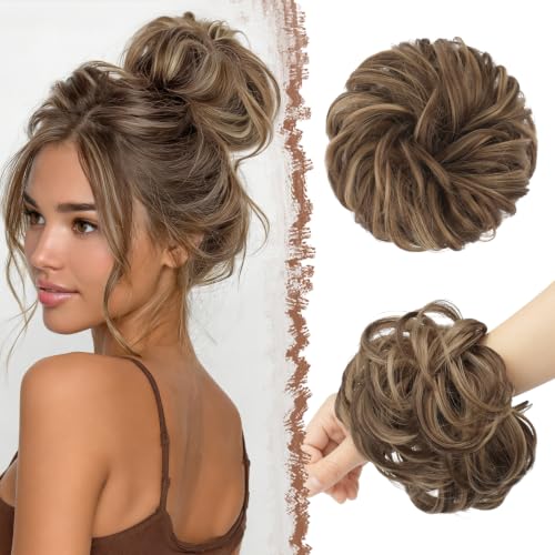 FESHFEN Large Messy Bun Hair Piece - Wavy Synthetic Chignon for Women, Brown Mixed Honey Blonde, 1.94oz, Variation 22H10#