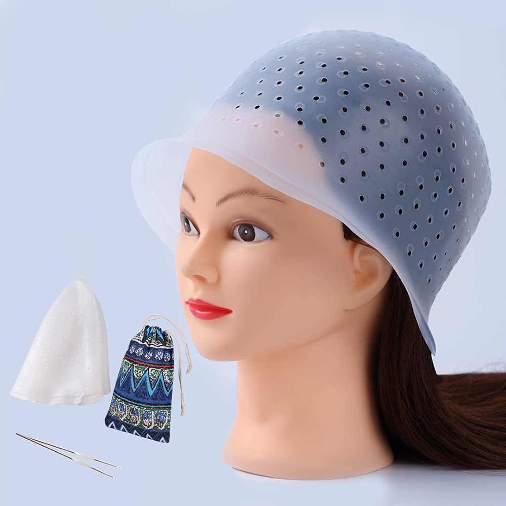 Highlight Cap - Reusable Silicone Hair Dye Cap with Open Holes | 2 Sets in White & Blue for Salon or Home Use