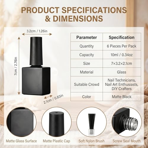 UPSTORE 6 Pack 10ml Matte Black Glass Nail Polish Bottles with Brush, Travel-Friendly