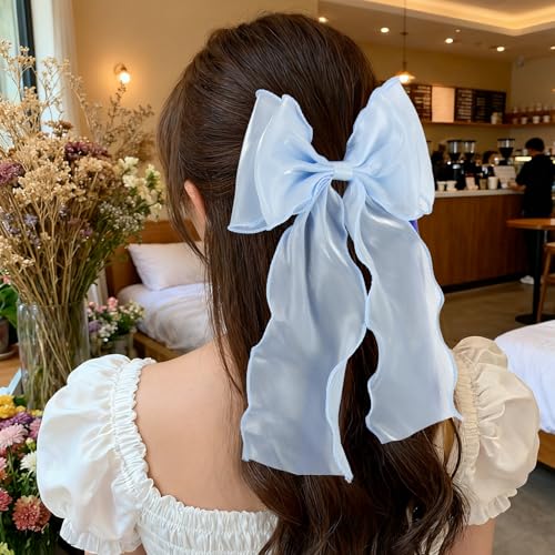 DOPENSPI 2PCS Large Blue Hair Bow Clips - Elegant Silk Ribbon Barrettes