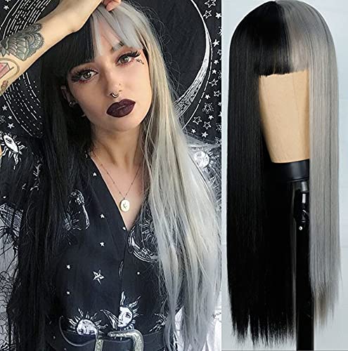 Long Straight Synthetic Wig with Bangs - Two-Tone Grey and Black