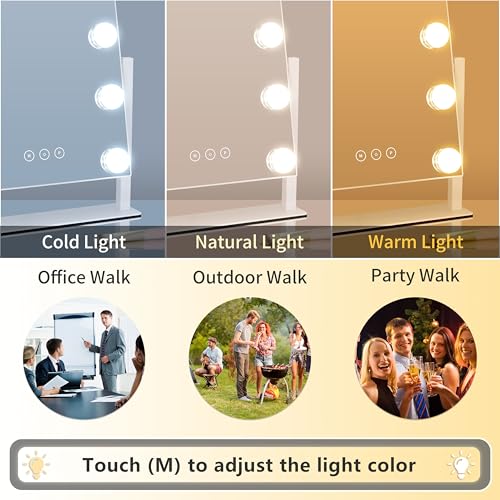 Kotdning Vanity Mirror with Lights,Lighted Vanity Mirror with 9 Dimmable Bulbs for Dressing Room & Bedroom,3 Color Lighting,Modes Detachable 10x Magnification 360¡ÆRatation(White) 12" L x 14.4" W