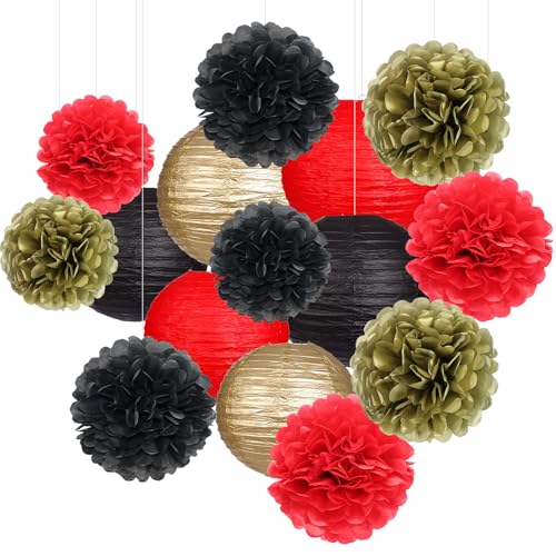 Red and Black Paper Lanterns & Pom Poms - 15 Piece Party Decor Set