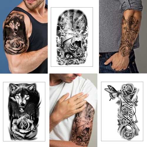 Yazhiji Wolf Temporary Tattoos Set for Men & Women - 36 Sheets, Waterproof & Realistic Body Arm Chest Shoulder Designs