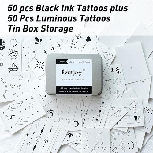 EVERJOY Minimalist Temporary Tattoos Kit - 100 Pcs Black & Luminous Dual Pack