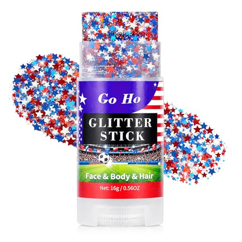 Go Ho Red White and Blue Star Face Glitter Stick,Waterproof Body&Hair Glitter,4th of July Accessories,Patriotic USA Flag Sparkle Stick for World Cup Soccer Game Independence Day 250 Anniversary Makeup