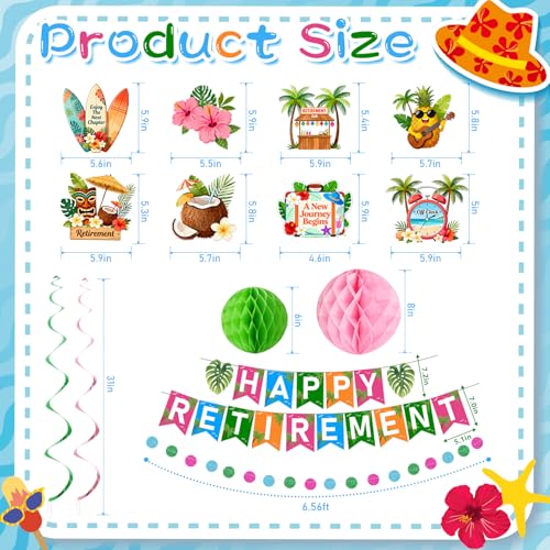 Tropical Hawaiian Retirement Party Decoration Kit - Happy Retirement Banner & Honeycomb Balls