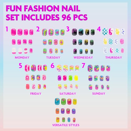 Townley Girl Rainbow Glow-in-the-Dark Press-On Nails Set for Kids, 96 Pieces