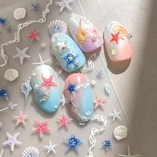 Quezadyl Starfish Nail Art Stickers 2 Sheets Summer Seashell 5D Embossed Shell Decals for Manicure and Nail Design
