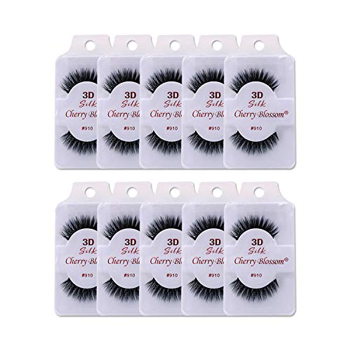 Cherry Blossom 3D Silk False Eyelashes Style #910 Supernova 10 Pack - Dramatic Spiky Wispy Reusable Faux Mink Black