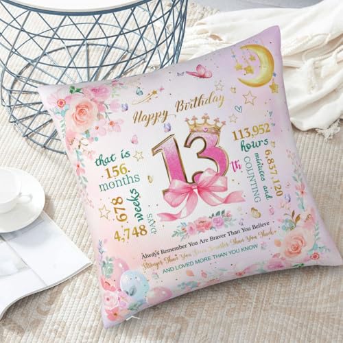13th Birthday Pillow Cover for Girls - Cute Pink Design, 18x18