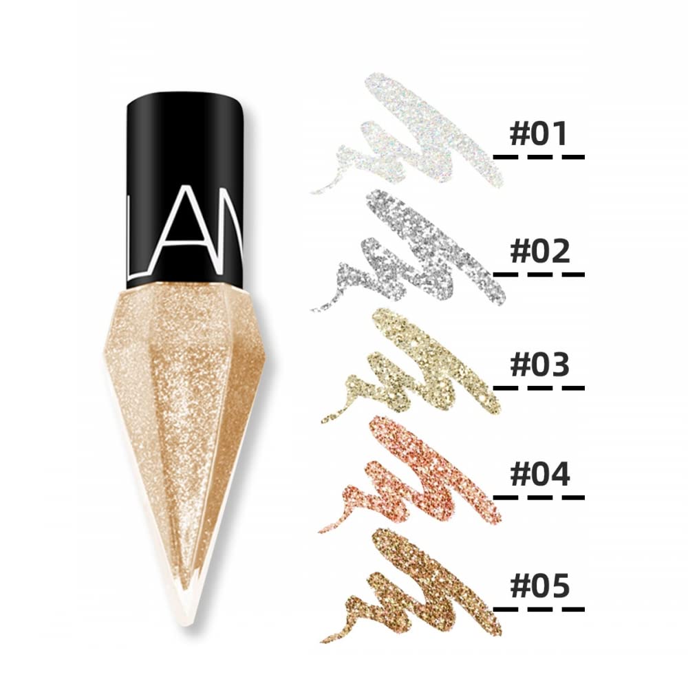 Go Ho Glitter Liquid Eyeliner Colorful Set,5 Colors Metallic Shimmer White Silver Gold Diamond Eye Liner,Glitter Eyeliner Eyeshadow Shine,Waterproof Long Lasting Glow Sparkle Eye Makeup