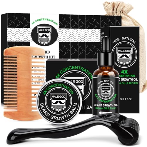MALE GOD Beard Kit, Beard Growth Kit w/Natural Ingredients Beard Oil & Balm & Comb, Beard Growth Oil w/4X Thickening Biotin, Fathers Day | Chrismtas | Birthday Gifts for Men Him Husband Boyfriend Dad