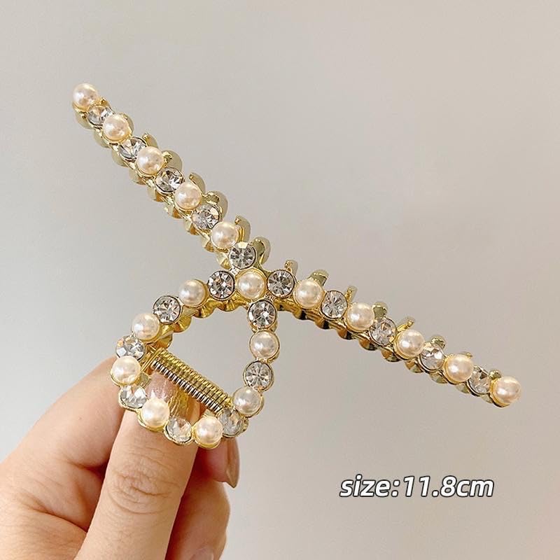 Set of 2 Large Metal Hair Claw Clips with Pearls - Gold Fashion Accessories for Women's Thick Hair