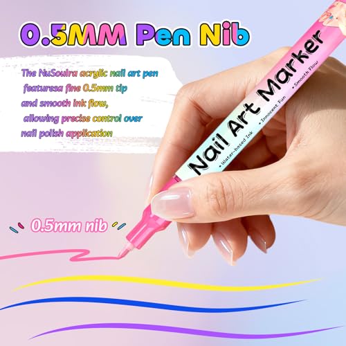 NuSoulra 0.5mm 12-Color Nail Art Pens Set with 15 Nail Stickers for DIY Manicure