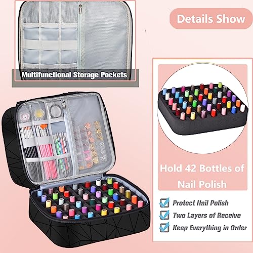 FCQQYWZ Nail Polish Organizer Case - Holds 42+ Bottles (15ml/0.5 fl.oz) and 1 Nail Lamp, Upgraded Double-layer Nail Polish Carrying Case Nail Storage Bag with Handles (Black)