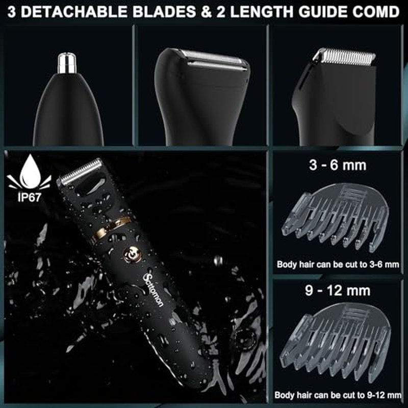 Scttomon Electric Groin Hair Trim Ball Trimmer for Men Body Shaver Below-The-Waist Groomer Nose Hair Trimmer Waterproof Cordless 3 in 1