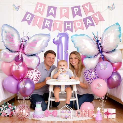 Butterfly 1st Birthday Decoration Set with Number 1 Balloon