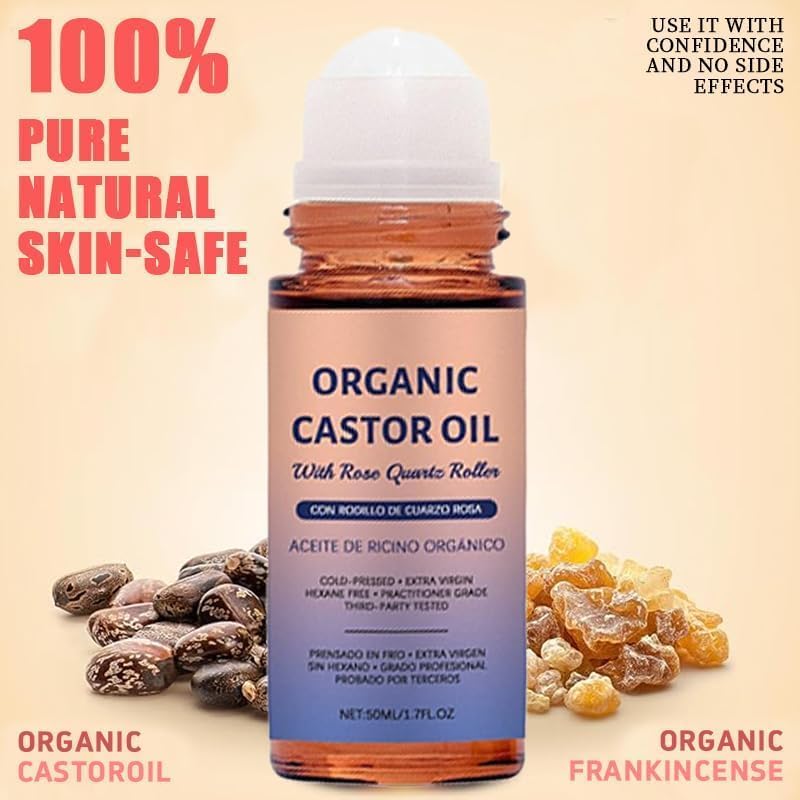 Organic Castor Oil - Cold-Pressed Pure Oil with Rose Quartz Roller for Hair Growth, Eyelashes & Skin | 1.7 fl oz