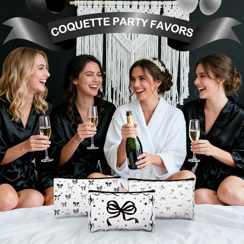 Black Bow Makeup Bags Set - 8 Floral Canvas Cosmetic Pouches for Women & Bridesmaids
