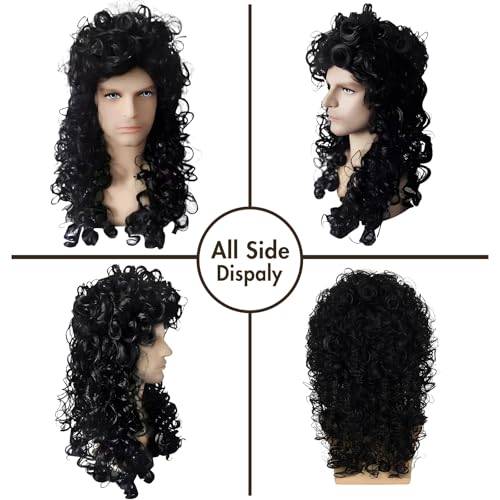 Mens Long Curly Black Wig - Heat Resistant Synthetic Hair for Cosplay
