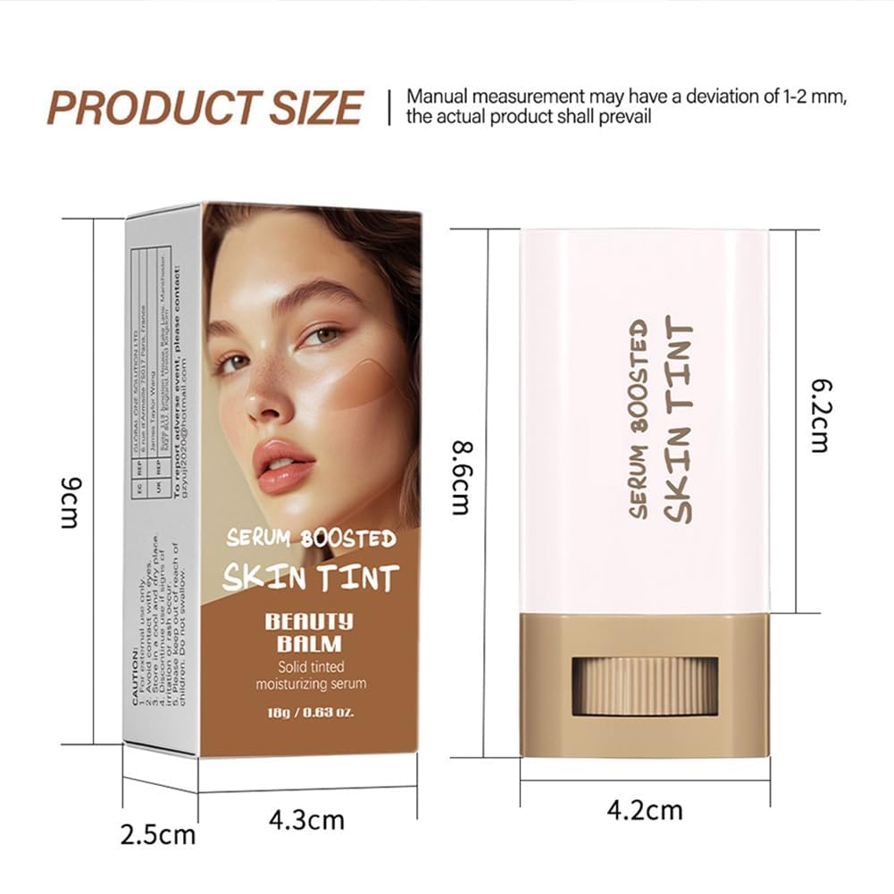 Beauty Balm Serum Boosted Skin Tint-A 3-in-1combining Foundation Stick, Lightweight solid Tinted Moisturizing Serum Contour Foundation Face for Women，Buildable Medium-to-Full Coverage(#02)