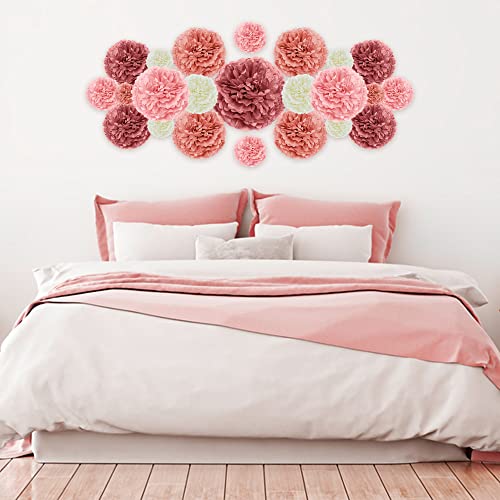 20 Piece Tissue Paper Pom Poms - Blush Pink, Mauve & Cream Party Decor
