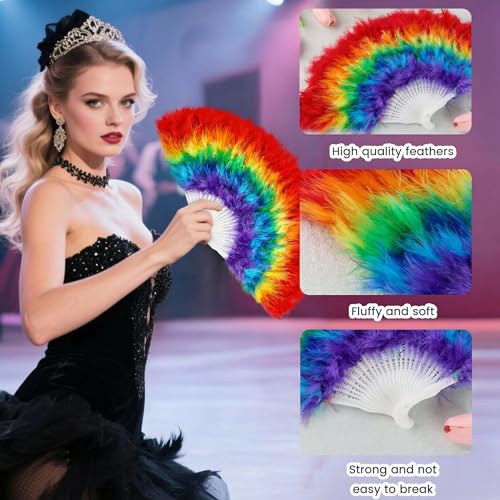 Rainbow Feather Hand Fan - 20-Inch Folding Fan for Festivals & Parties