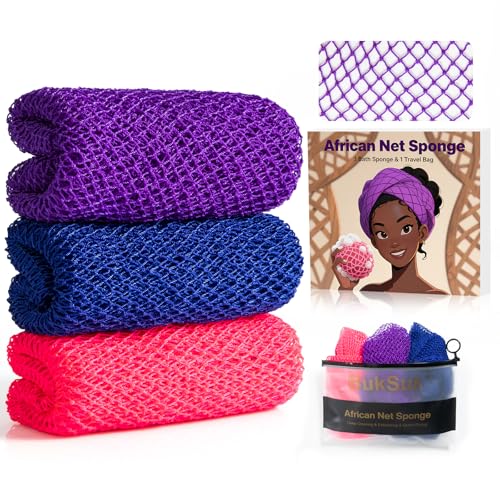 BukSuk African Nylon Exfoliating Body Scrubber 3 Pack – Long Stretch Back & Full-Body Loofah