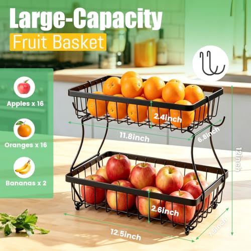 2-Tier Metal Fruit Basket with Banana Hangers for Kitchen