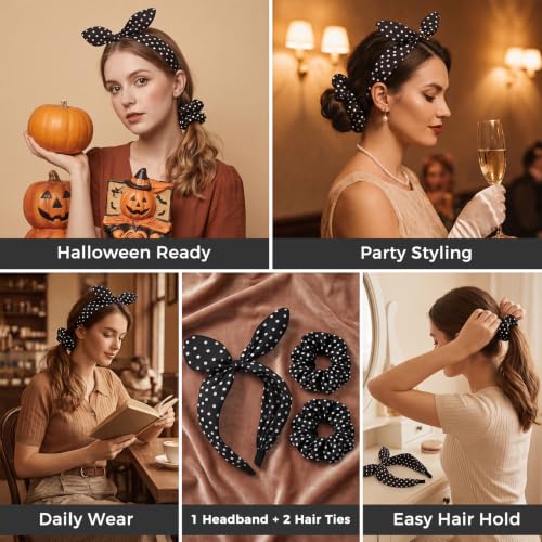 50s Polka Dot Headband & Hair Ties Set for Women - Retro Bow Pack of 3