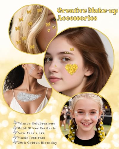 Maffuno Gold & Silver Face & Body Glitter Set with Gems for Women, 6 Glitter Gels & 4 Adhesive Sticker Sheets