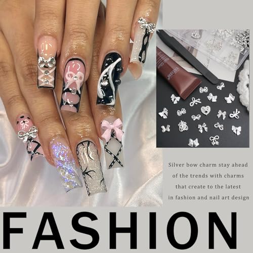 YAEISM Silver Bow Nail Charms Kit 92PCS for Manicure & DIY Nail Art