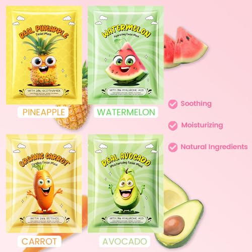 Kaely 12-Pack Fruit Face Masks for Kids & Teens - Variety Set, Spa Day & Party Favors