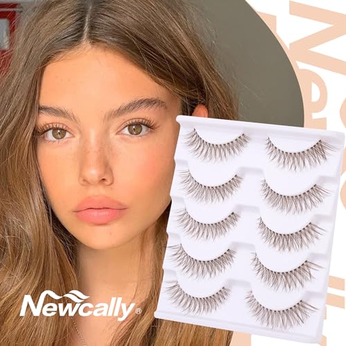 Newcally B-Natural Brown False Eyelashes - Wispy Cat Eye Faux Mink, Short & Curly