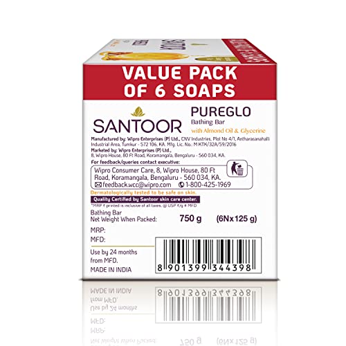 Santoor Glycerine PureGlo Soap 125g - Pack of 6 Bars