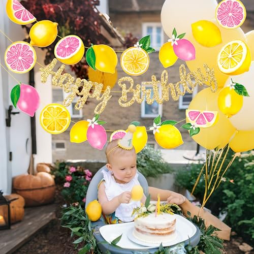 Lemon Pink Citrus Birthday Banner Set - Glitter Garland for Girls