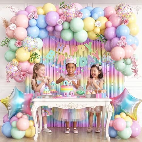 Pastel Birthday Decorations Set - Macaron Fringe Curtain & Balloons