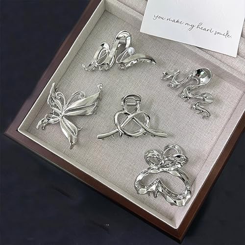 Silver Small Butterfly Wave Hair Claw Clips - Pack of 5 with Pearl & Crystal Accents