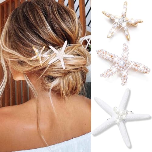 Fashey Starfish Hair Clips Set – Seashell Rhinestone Barrettes for Women