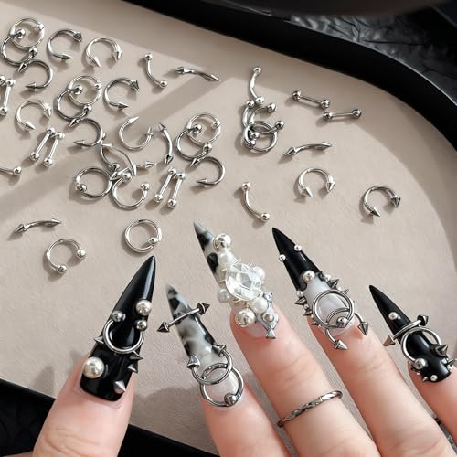 80 PCS Silver Alloy Nail Charms - 3D Goth Punk Rhinestones
